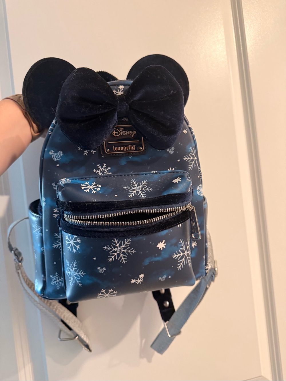Disney Loungefly Navy Snowflake Mini Backpack with Velvet Bow & Ears